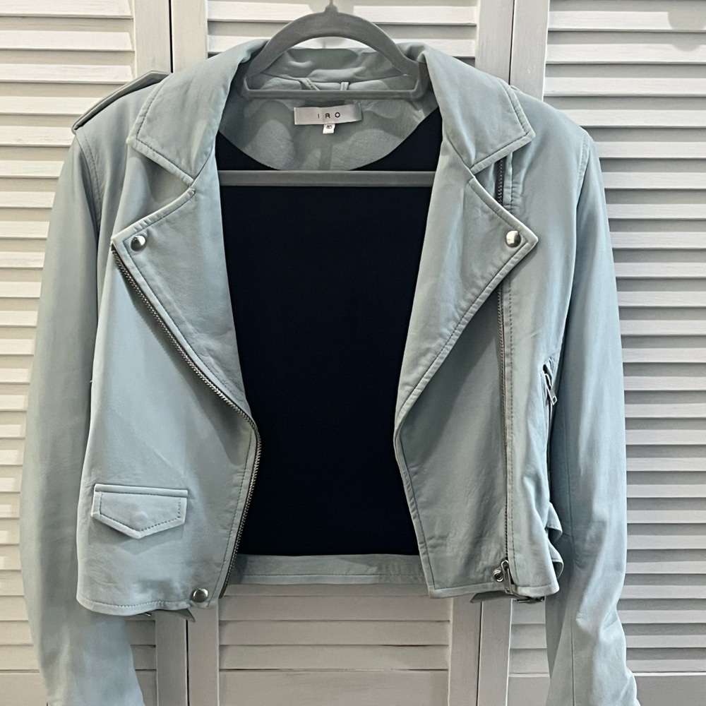 IRO Pale Blue Cropped Leather Moto Jacket